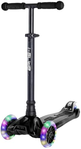 i-Glide 3-hjulet børneløbehjul – lean-to-steer, LED-hjul, justerbart styr og skridsikkert deck med bagskærmsbremse.