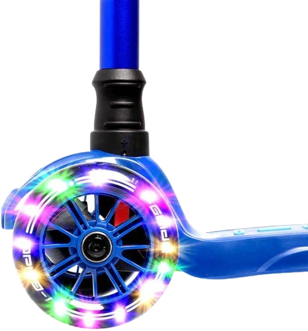 i-Glide 3-hjulet børneløbehjul – lean-to-steer, LED-hjul, justerbart styr og skridsikkert deck med bagskærmsbremse.