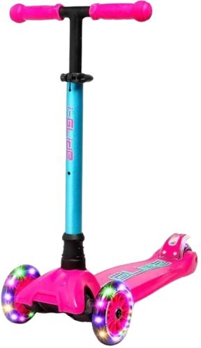 i-Glide 3-hjulet børneløbehjul – lean-to-steer, LED-hjul, justerbart styr og skridsikkert deck med bagskærmsbremse.