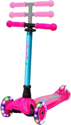 i-Glide 3-hjulet børneløbehjul – lean-to-steer, LED-hjul, justerbart styr og skridsikkert deck med bagskærmsbremse.