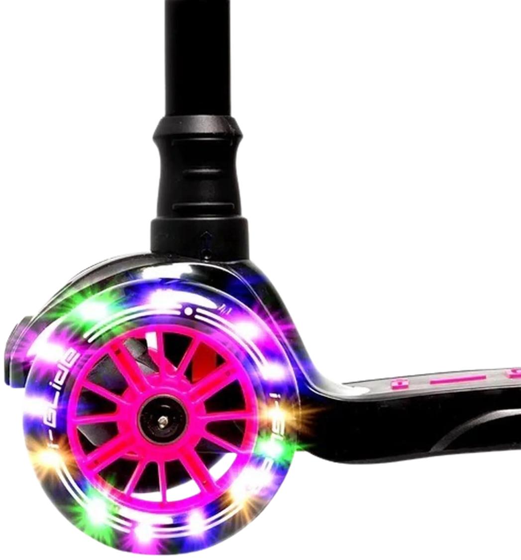 i-Glide 3-hjulet børneløbehjul – lean-to-steer, LED-hjul, justerbart styr og skridsikkert deck med bagskærmsbremse.