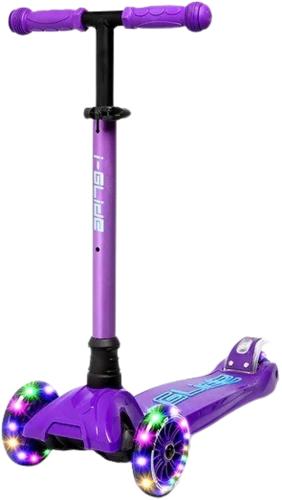 i-Glide 3-hjulet børneløbehjul – lean-to-steer, LED-hjul, justerbart styr og skridsikkert deck med bagskærmsbremse.