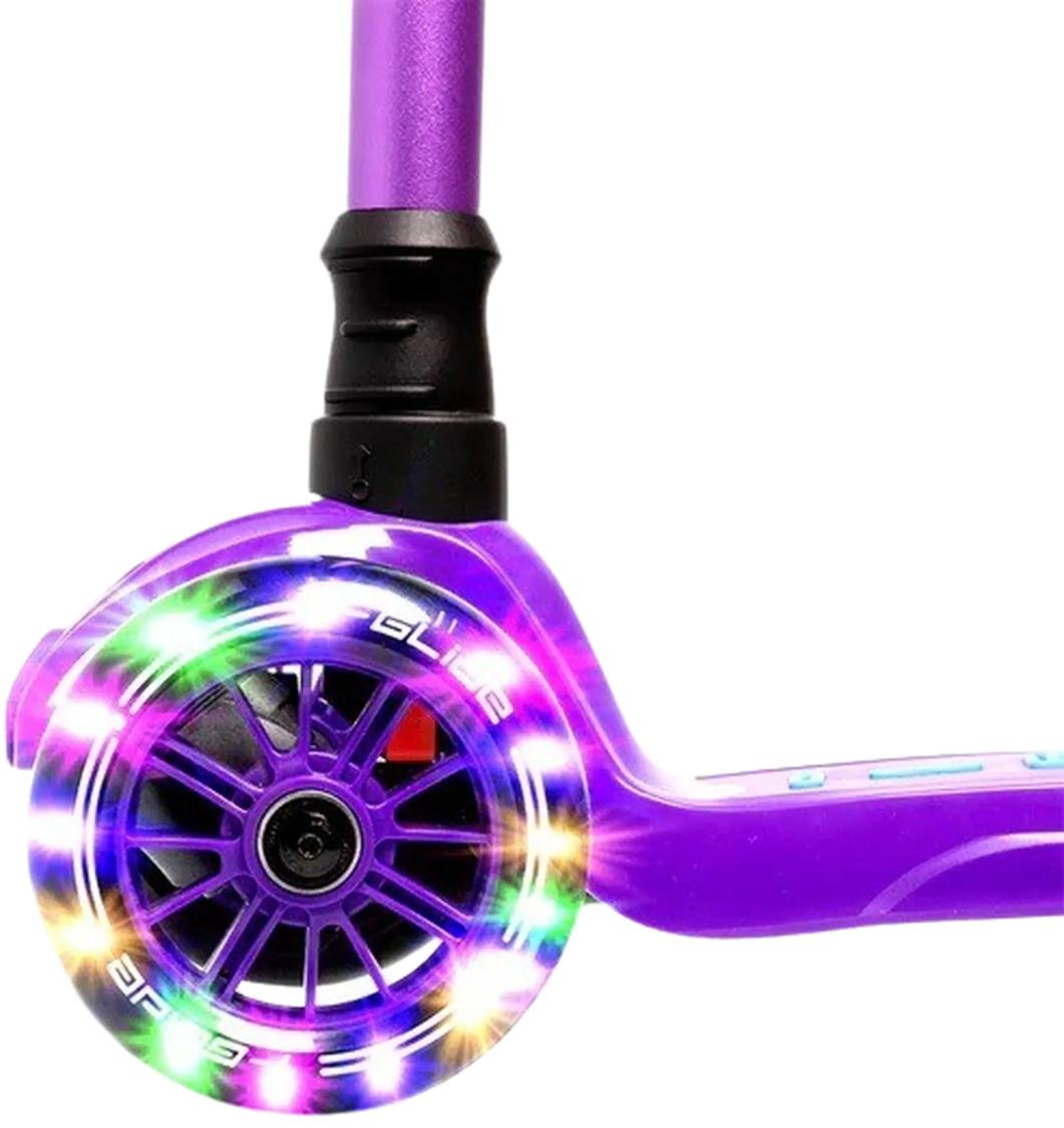 i-Glide 3-hjulet børneløbehjul – lean-to-steer, LED-hjul, justerbart styr og skridsikkert deck med bagskærmsbremse.