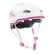 Raven F511 børnehjelm i hvid/pink med dial-fit, ABS/EPS og 11 ventilationshuller – størrelser XS–M.