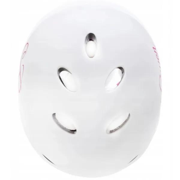 Raven F511 børnehjelm i hvid/pink med dial-fit, ABS/EPS og 11 ventilationshuller – størrelser XS–M.