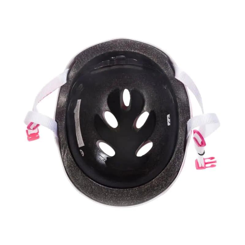 Raven F511 børnehjelm i hvid/pink med dial-fit, ABS/EPS og 11 ventilationshuller – størrelser XS–M.