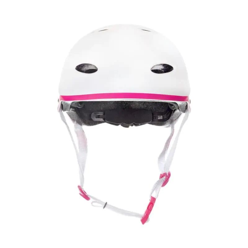 Raven F511 børnehjelm i hvid/pink med dial-fit, ABS/EPS og 11 ventilationshuller – størrelser XS–M.