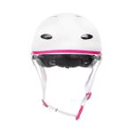 Raven F511 børnehjelm i hvid/pink med dial-fit, ABS/EPS og 11 ventilationshuller – størrelser XS–M.