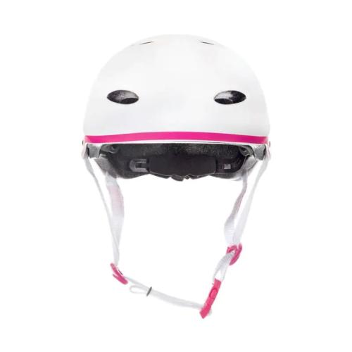 Raven F511 børnehjelm i hvid/pink med dial-fit, ABS/EPS og 11 ventilationshuller – størrelser XS–M.