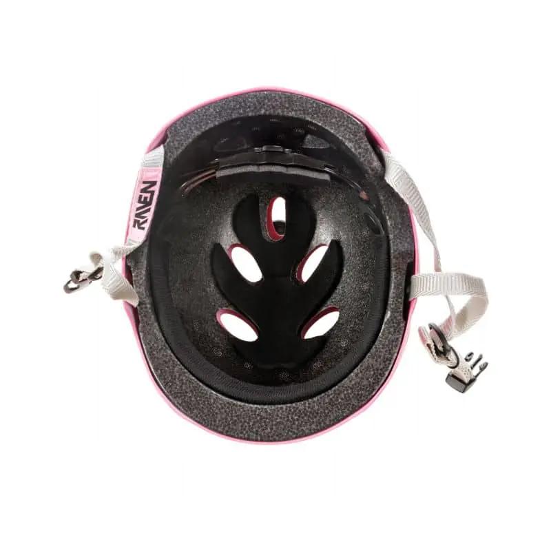 Raven F511 børnehjelm i pink/hvid med dial-fit, ABS/EPS og 11 ventilationshuller – størrelser XS–M.