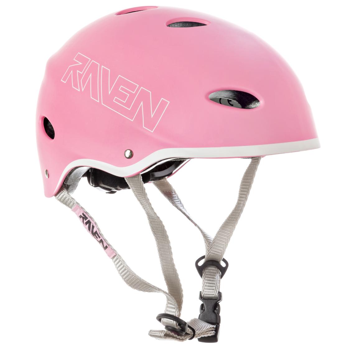 Raven F511 børnehjelm i pink/hvid med dial-fit, ABS/EPS og 11 ventilationshuller – størrelser XS–M.
