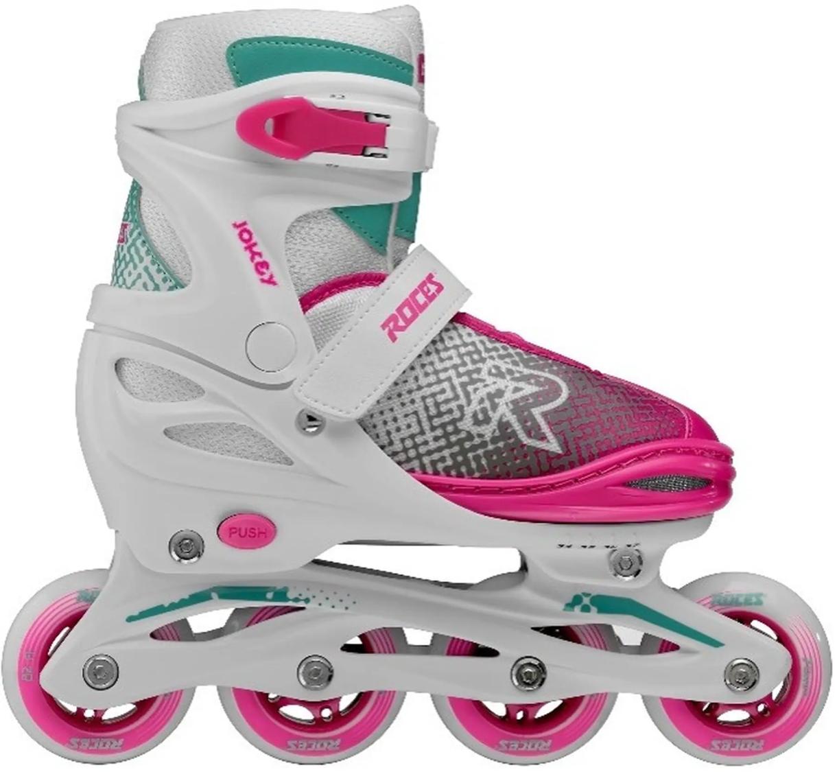 Roces Jokey X inliners hvid/pink/grøn – justerbar pasform og bremse til tryg start.