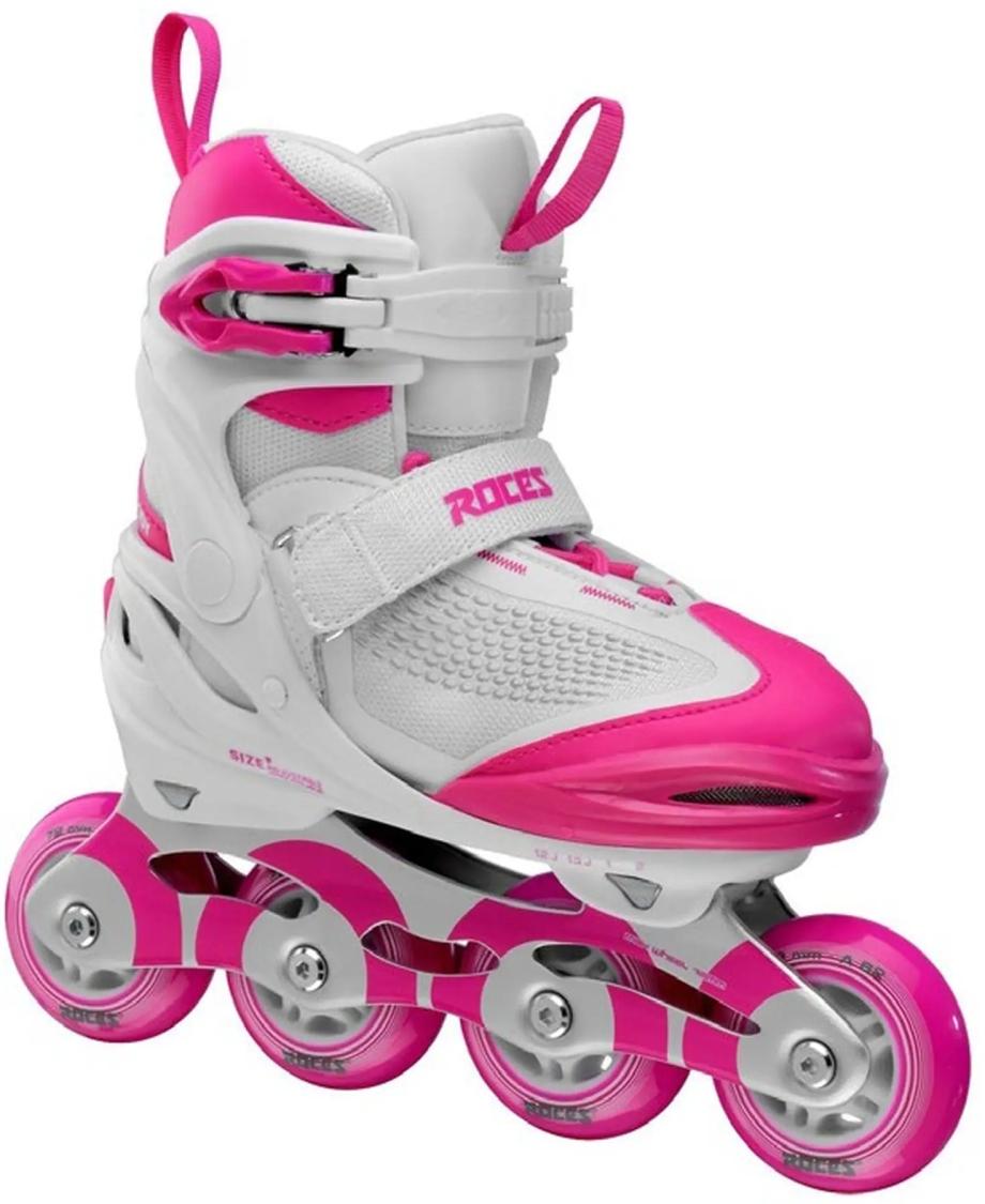 Roces Moody X inliners i hvid/pink til børn – justerbar pasform og bremse.