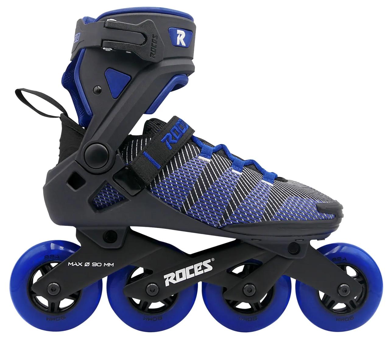 Roces R-EVO 90 inliners i blå med 90 mm hjul, aluminiumschassis og stabil fitness-pasform til motion og ture på asfalt.