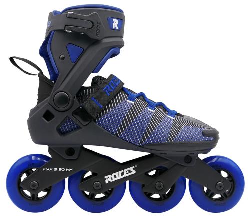 Roces R-EVO 90 inliners i blå med 90 mm hjul, aluminiumschassis og stabil fitness-pasform til motion og ture på asfalt.