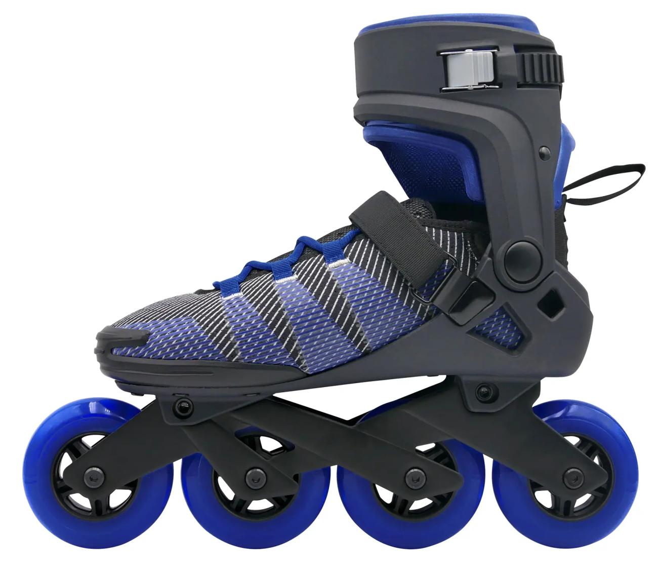 Roces R-EVO 90 inliners i blå med 90 mm hjul, aluminiumschassis og stabil fitness-pasform til motion og ture på asfalt.