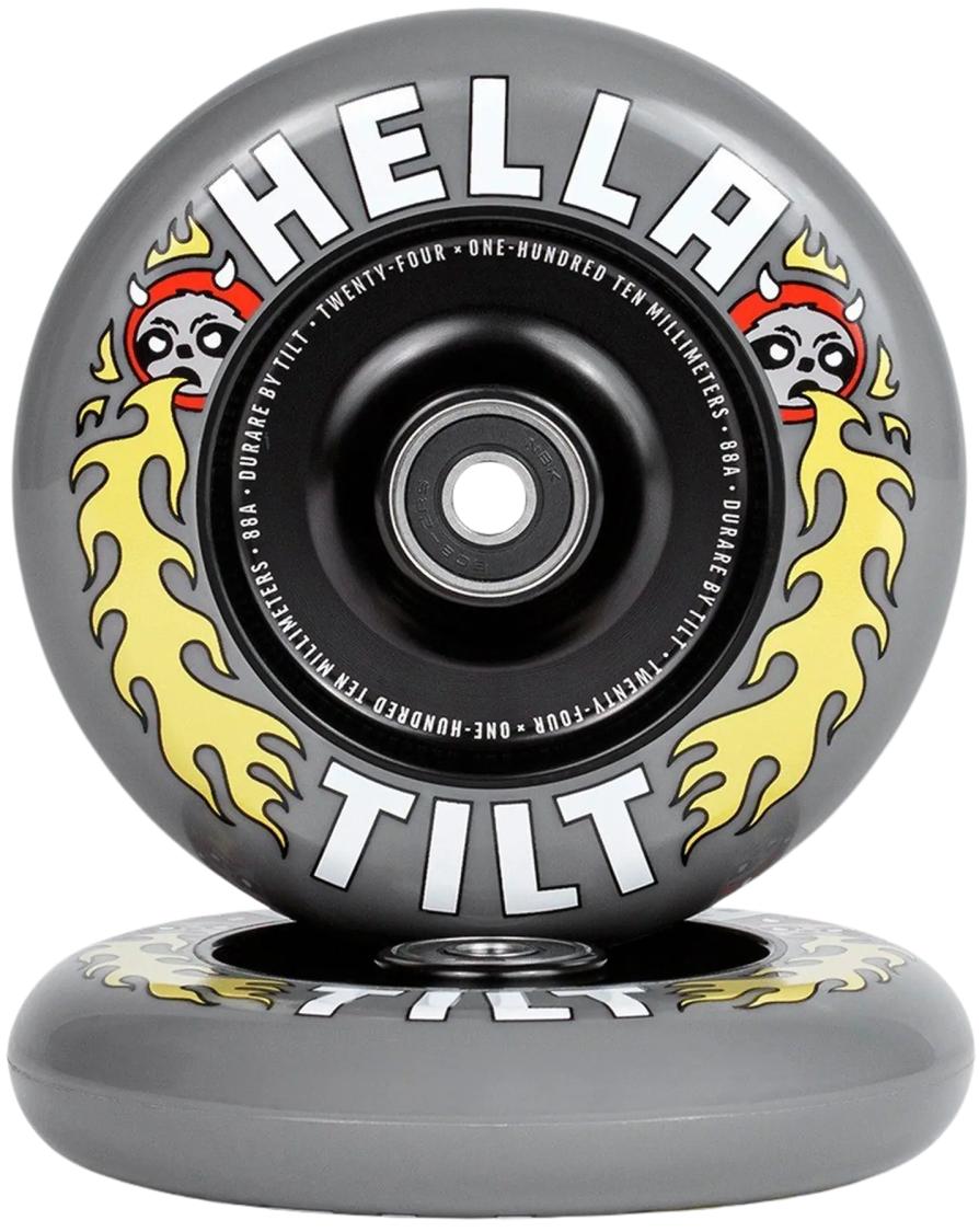Tilt x Hella Rage 110 mm hjul til trick løbehjul med solid aluminiumskerne og 88A PU-gummi.