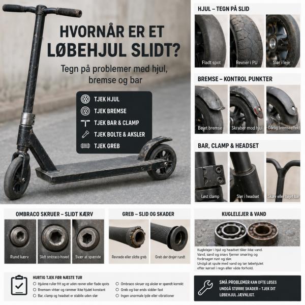 Hvornår er et løbehjul slidt? Tegn på problemer med hjul, bremse og bar